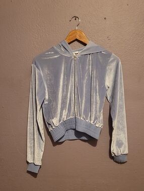 Topshop Light Blue Velvet Hooded Bomber Jacket
